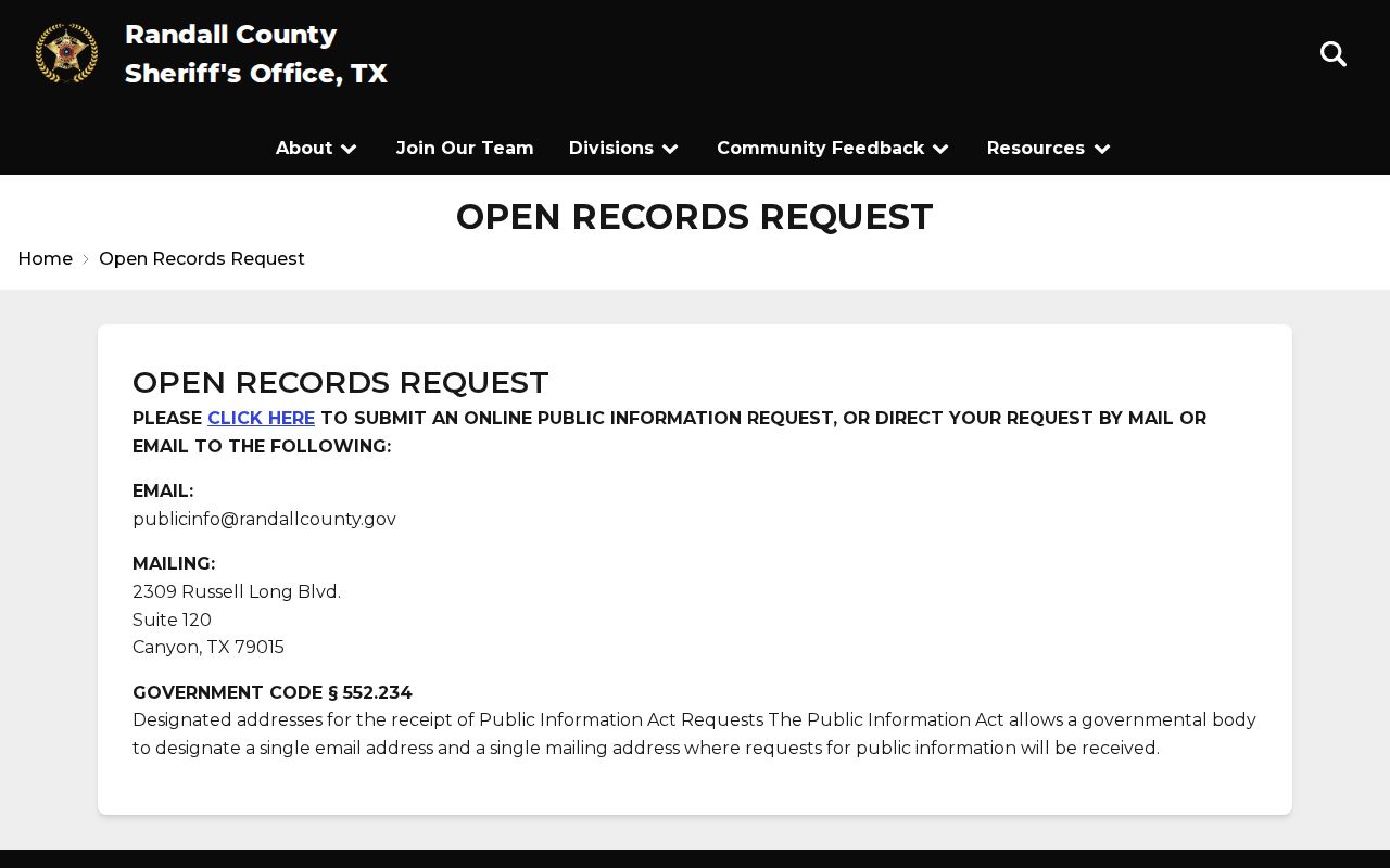 Randall County Sheriff request route for 72-hour release records