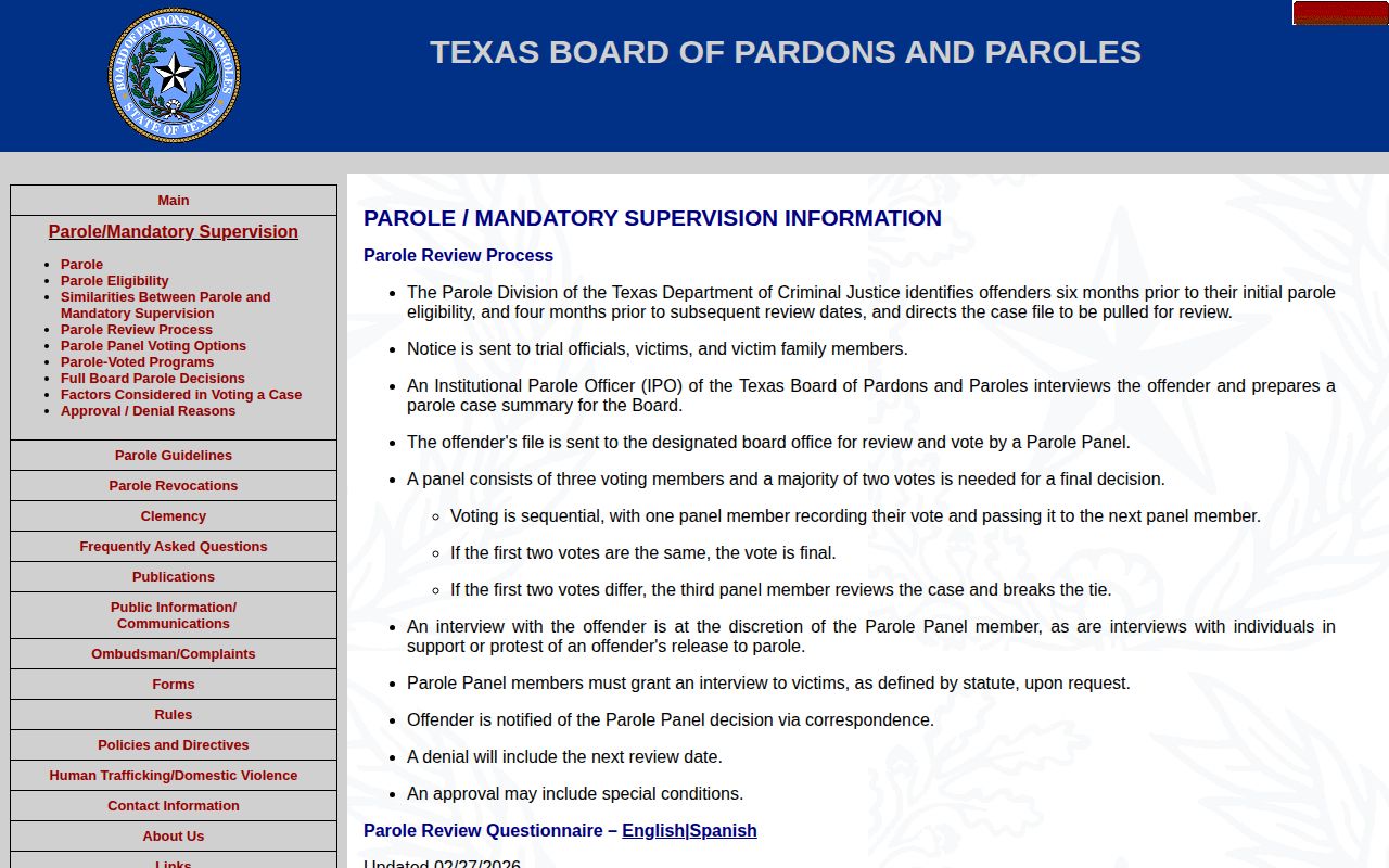 Texas Board of Pardons and Paroles review process page